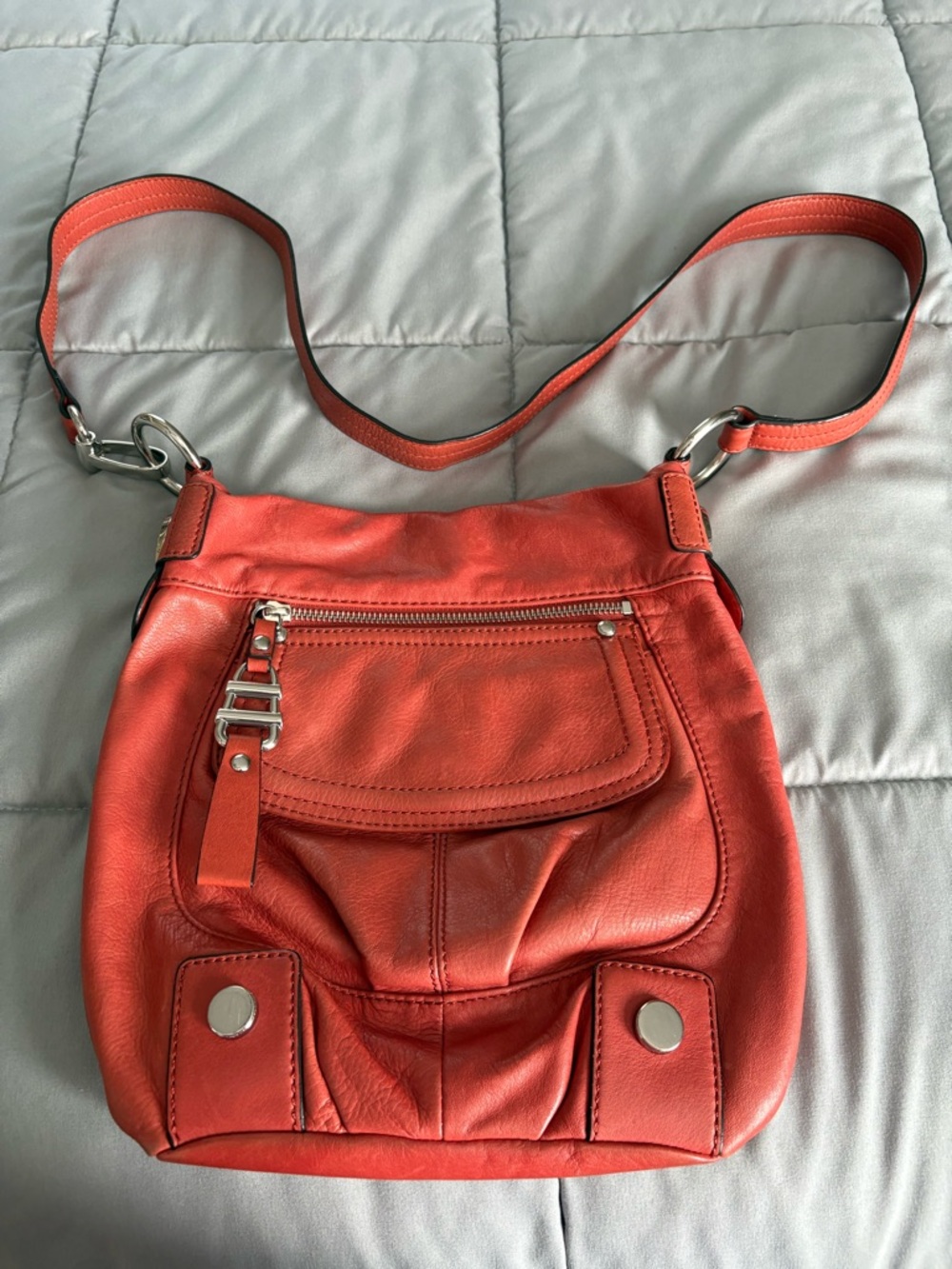 Coral Leather Shoulder Bag with Front Zip Pocket